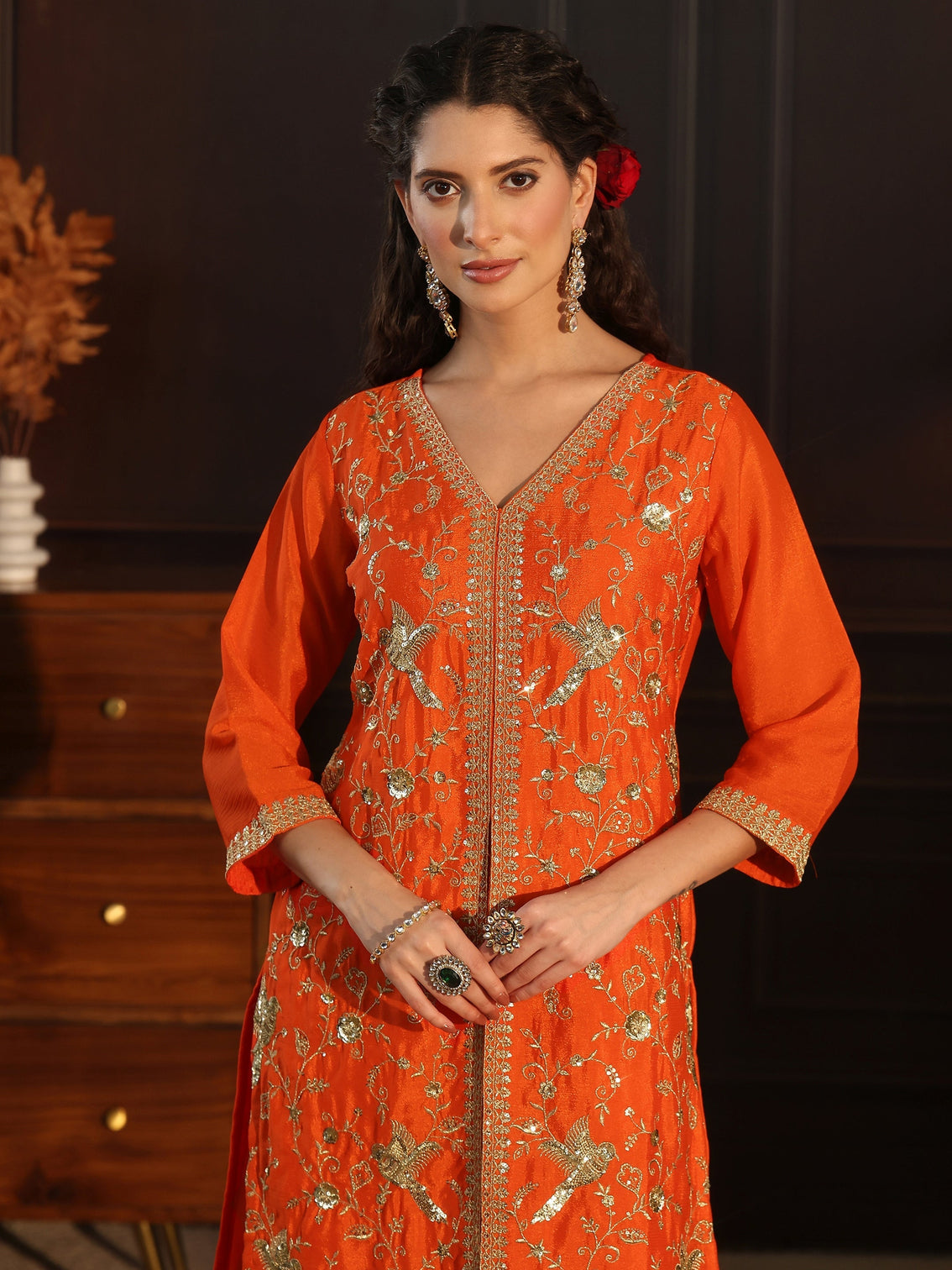 Mameraa Orange Sequin Embellished Chinon Palazzo Suit Set