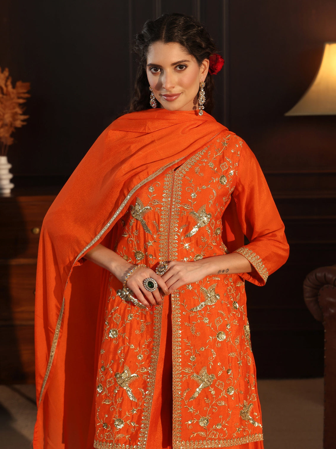 Mameraa Orange Sequin Embellished Chinon Palazzo Suit Set