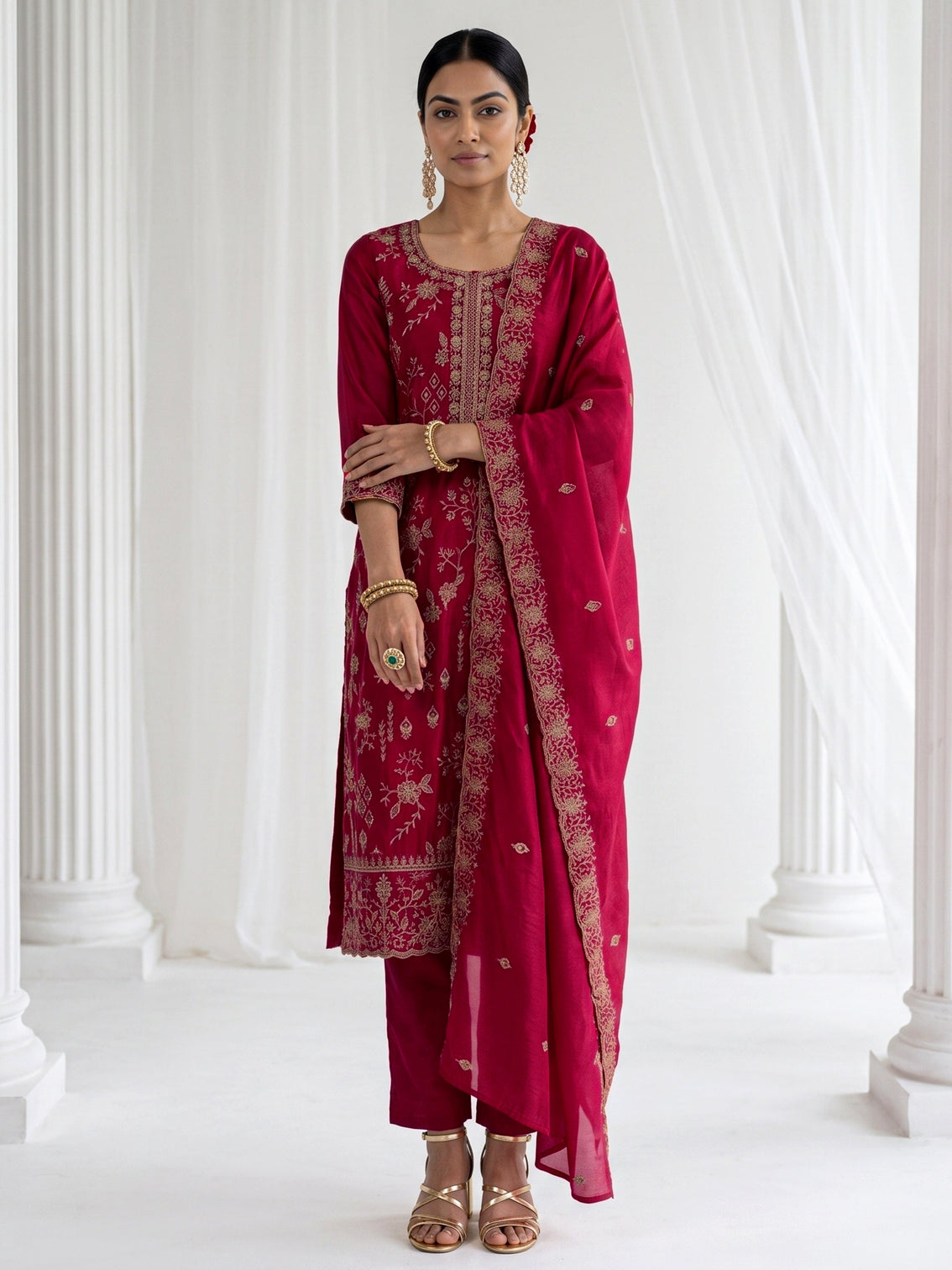 Mameraa Berry Pink Floral Embroidered Silk Blend Straight Suit Set