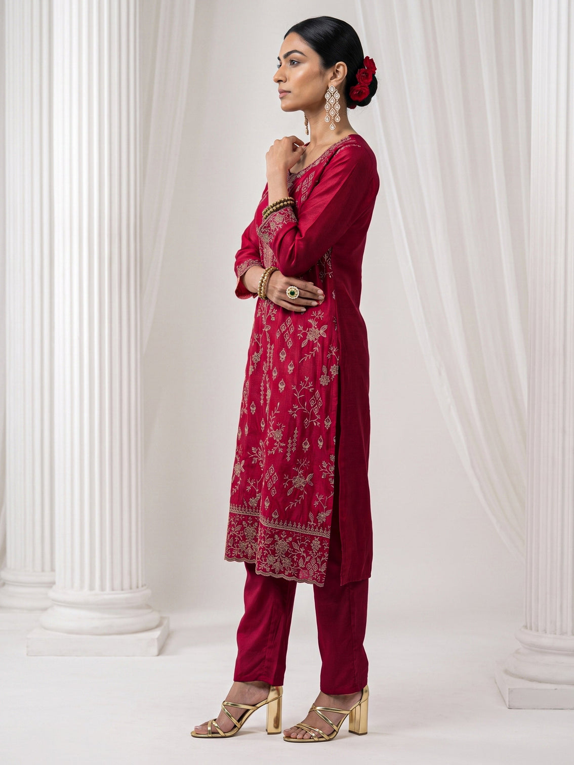 Mameraa Berry Pink Floral Embroidered Silk Blend Straight Suit Set