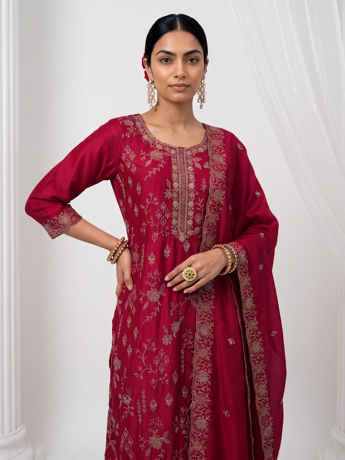 Mameraa Berry Pink Floral Embroidered Silk Blend Straight Suit Set