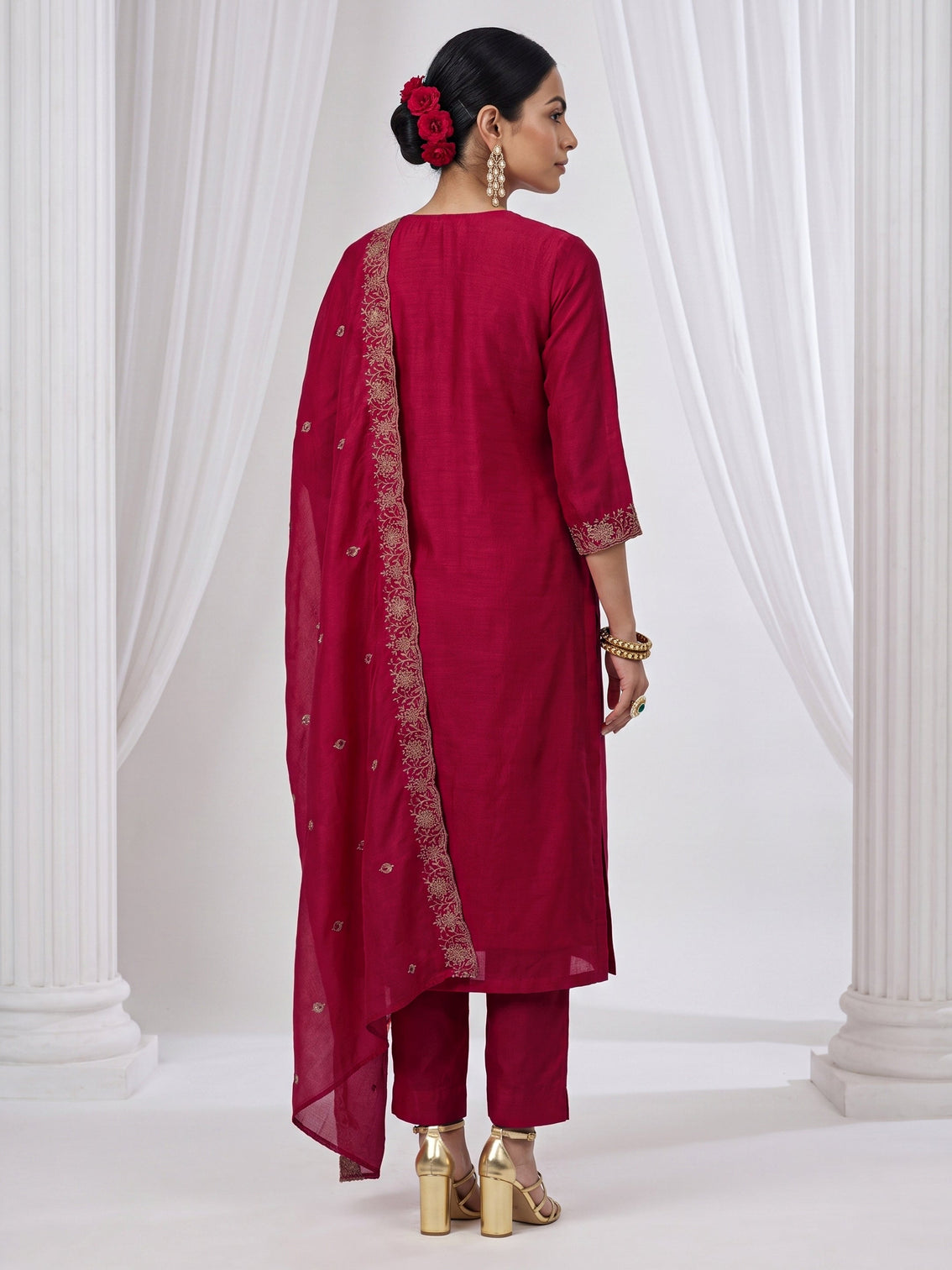 Mameraa Berry Pink Floral Embroidered Silk Blend Straight Suit Set