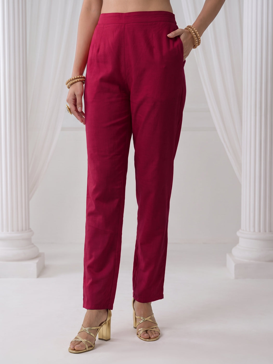 Mameraa Berry Pink Floral Embroidered Silk Blend Straight Suit Set