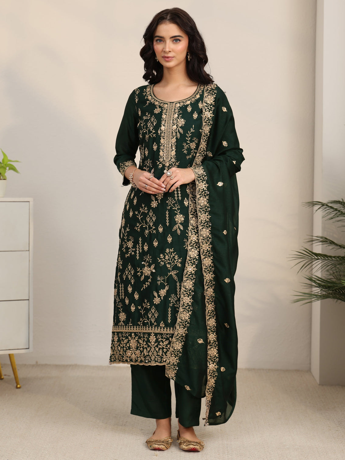 Mameraa Dark Green Floral Embroidered Silk Blend Straight Suit Set
