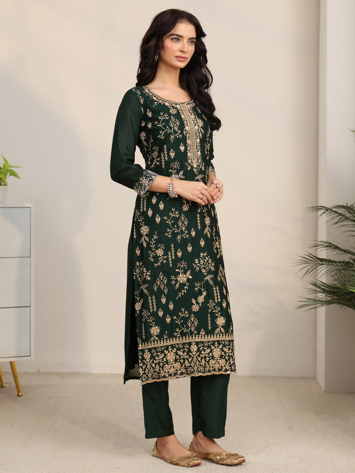 Mameraa Dark Green Floral Embroidered Silk Blend Straight Suit Set