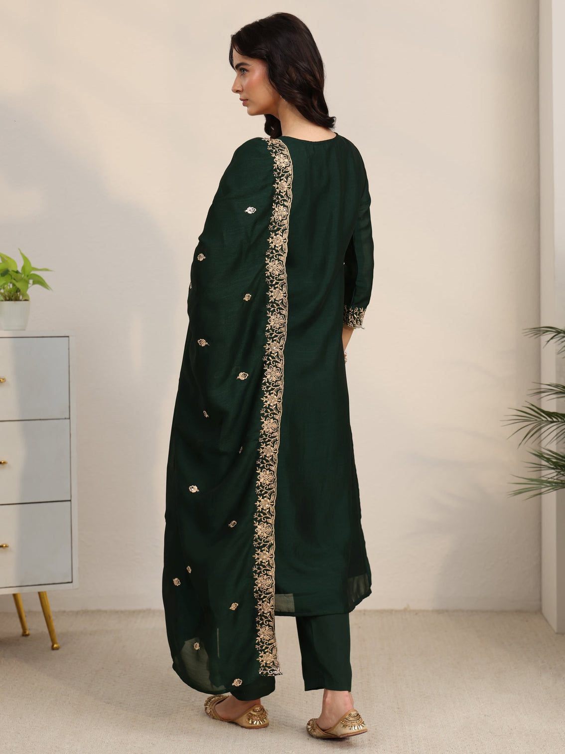 Mameraa Dark Green Floral Embroidered Silk Blend Straight Suit Set