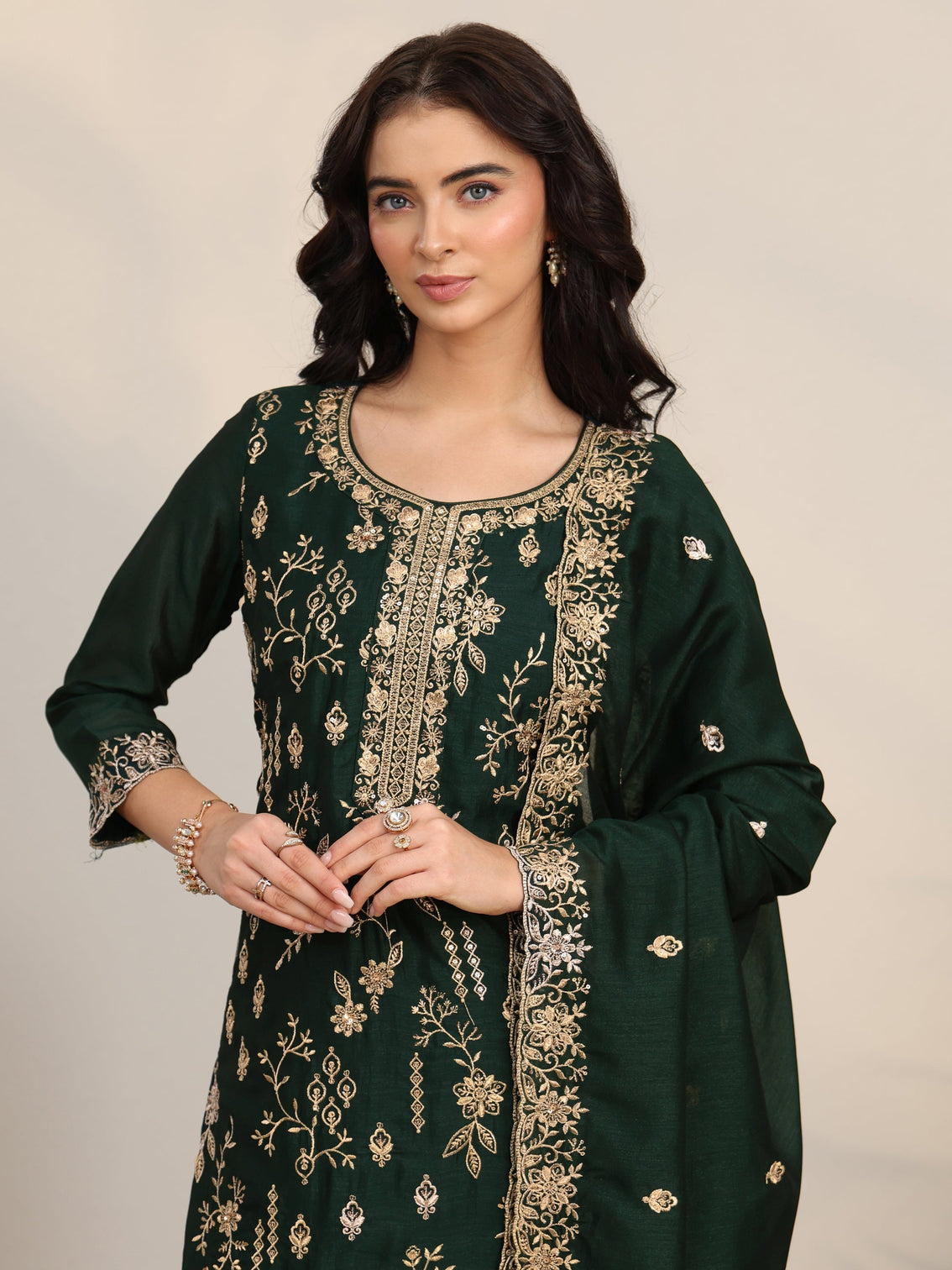 Mameraa Dark Green Floral Embroidered Silk Blend Straight Suit Set