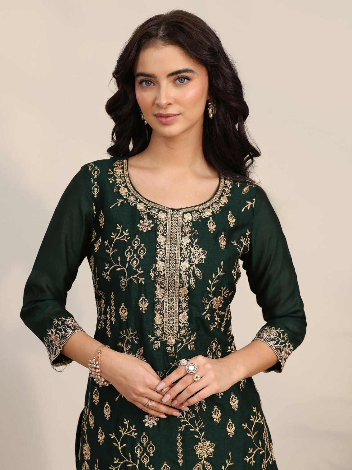 Mameraa Dark Green Floral Embroidered Silk Blend Straight Suit Set