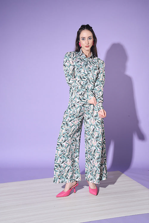 Sea Green Printed Shirt With Trouser Co-Ord Set