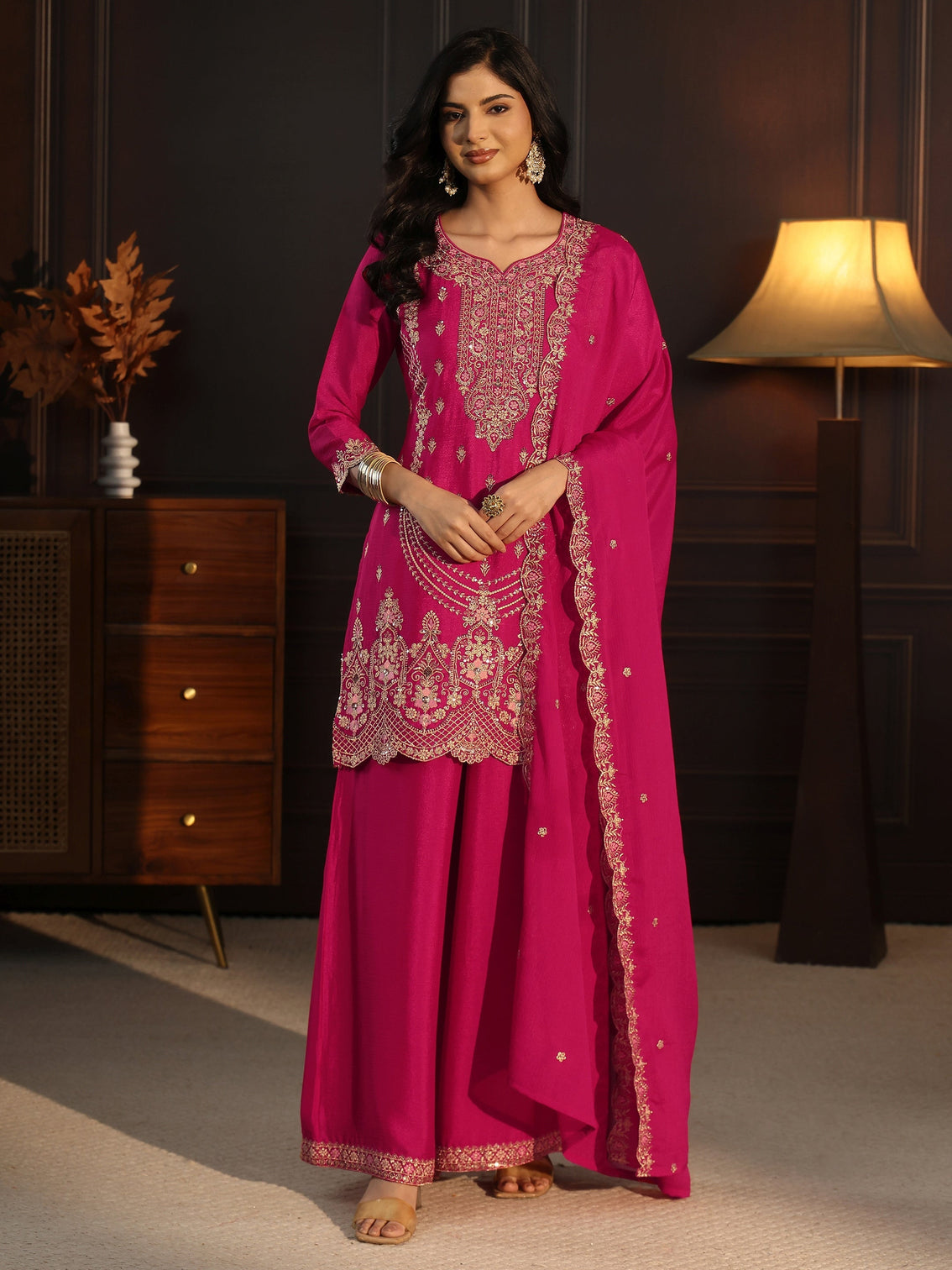 Mameraa Rani Pink Floral Embroidered Chinon Palazzo Suit Set