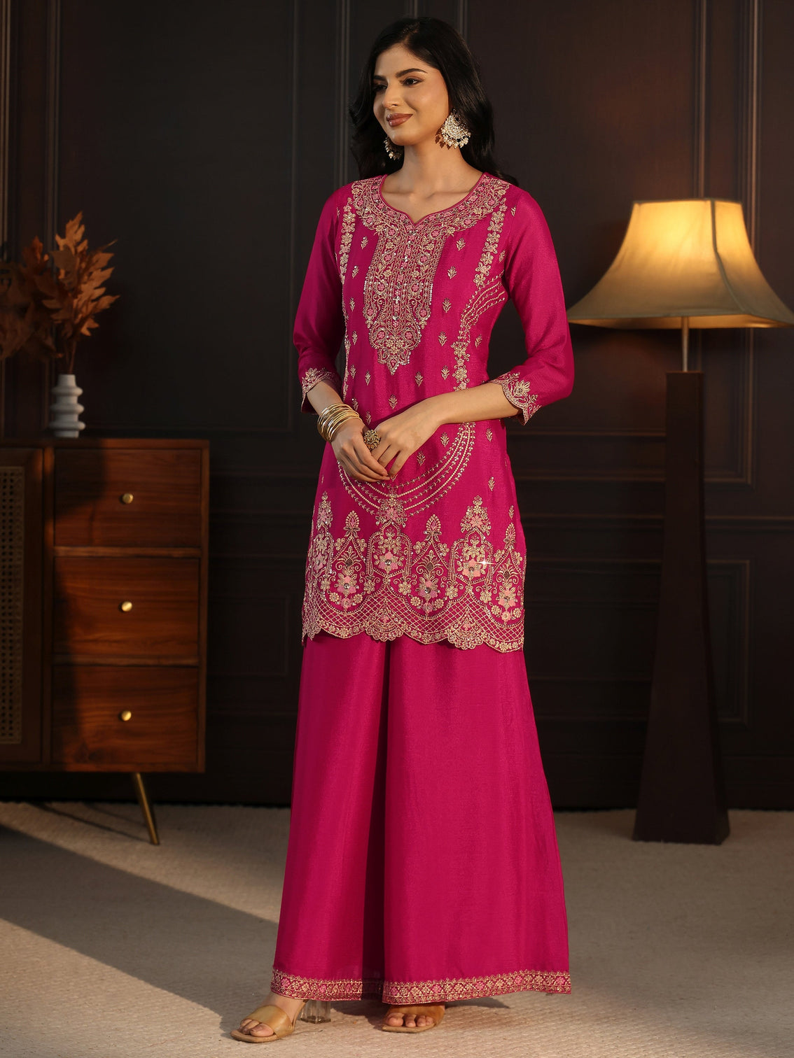 Mameraa Rani Pink Floral Embroidered Chinon Palazzo Suit Set