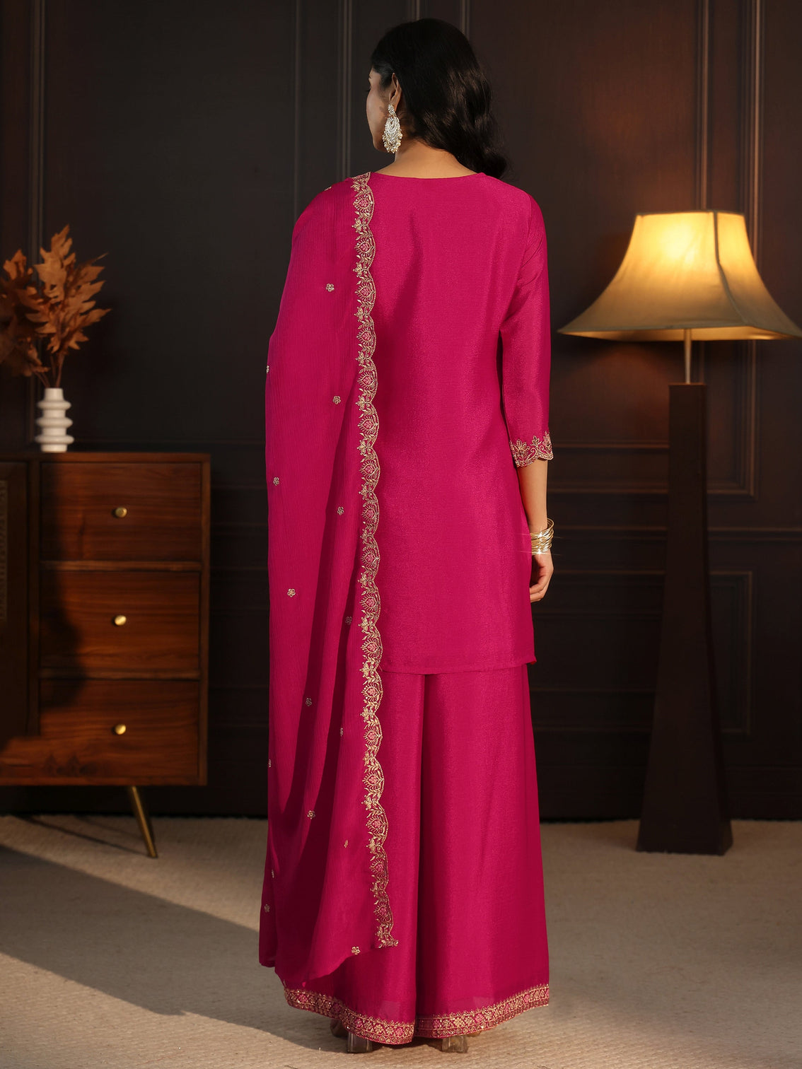Mameraa Rani Pink Floral Embroidered Chinon Palazzo Suit Set