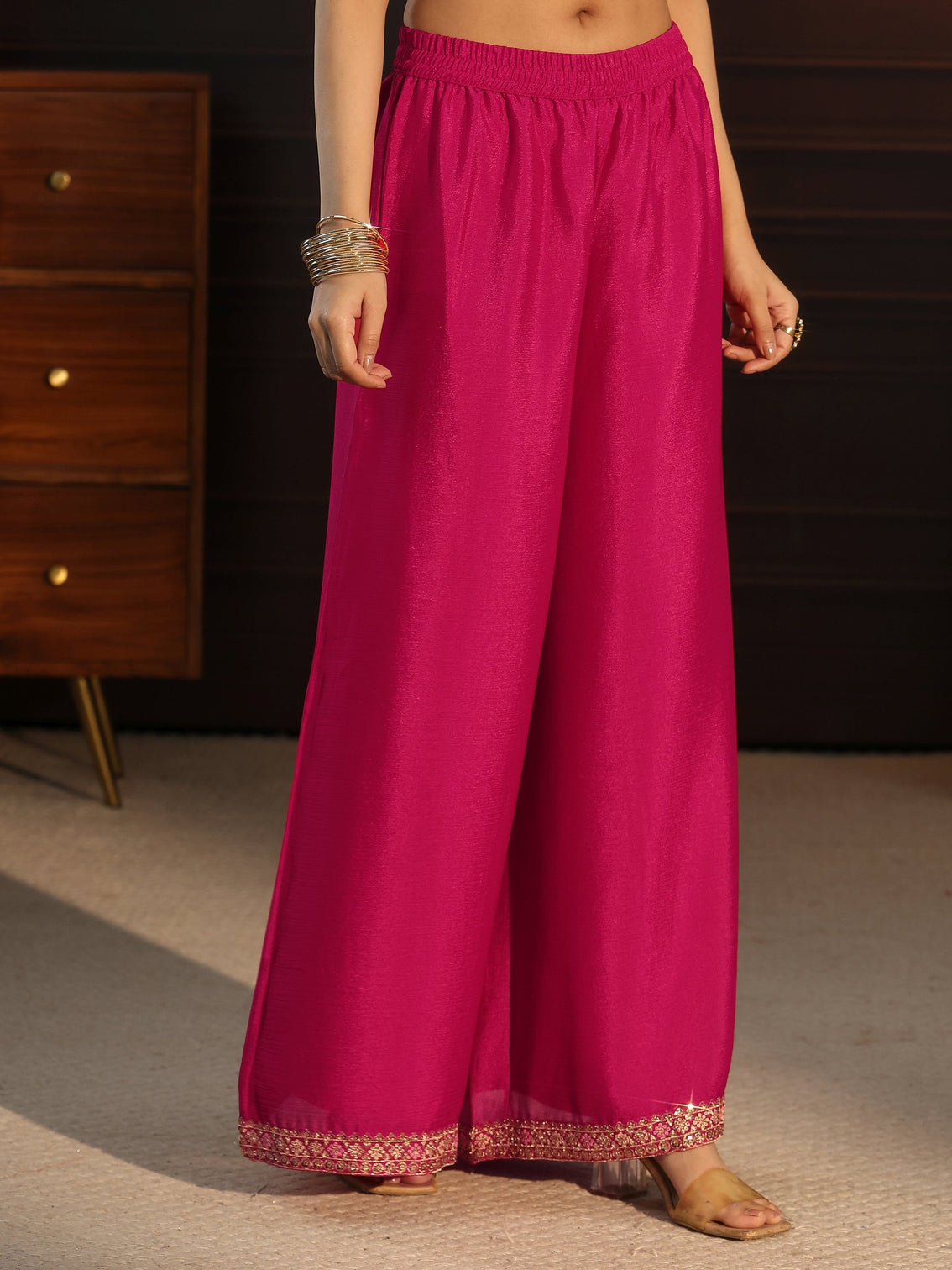 Mameraa Rani Pink Floral Embroidered Chinon Palazzo Suit Set
