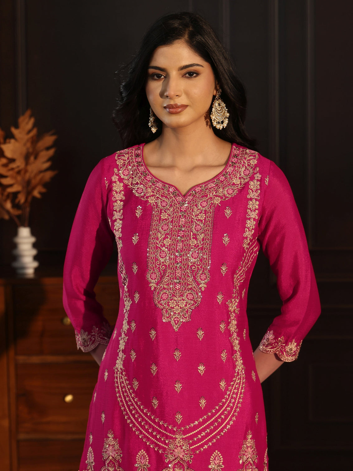 Mameraa Rani Pink Floral Embroidered Chinon Palazzo Suit Set