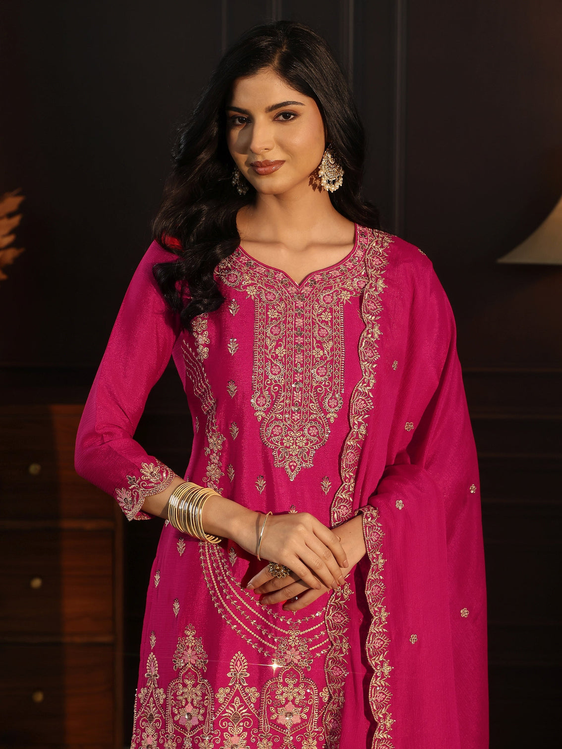 Mameraa Rani Pink Floral Embroidered Chinon Palazzo Suit Set