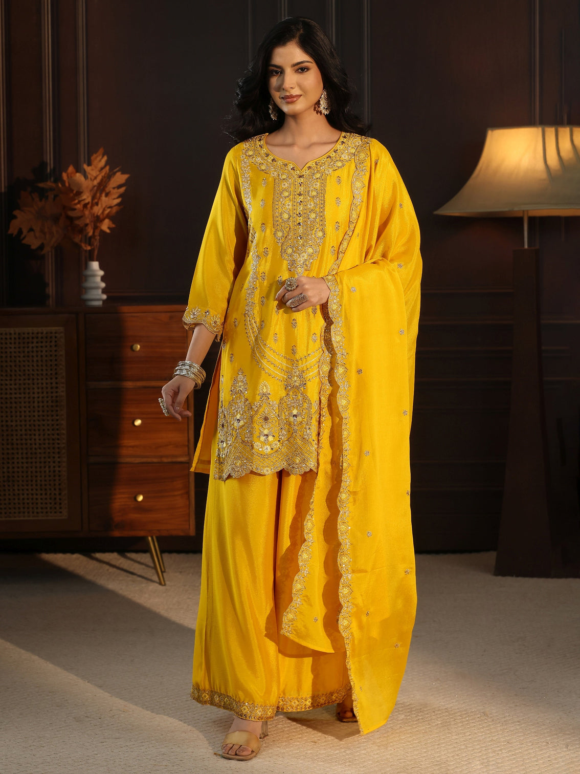Mameraa Yellow Floral Embroidered Chinon Palazzo Suit Set