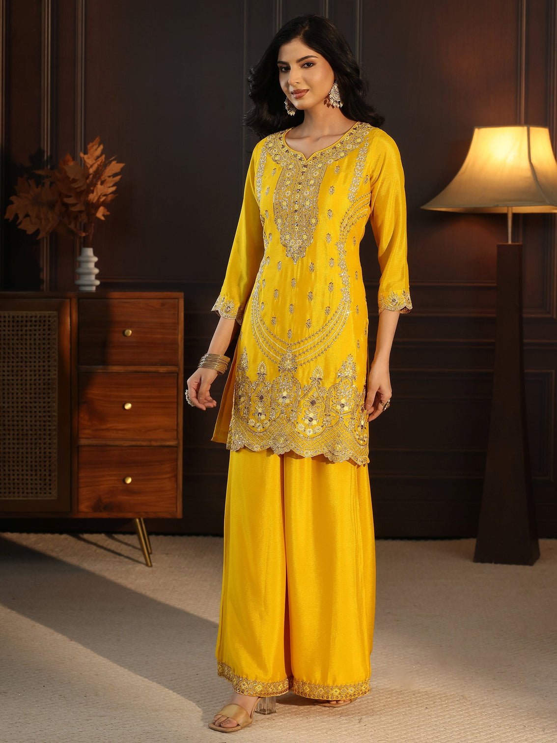 Mameraa Yellow Floral Embroidered Chinon Palazzo Suit Set