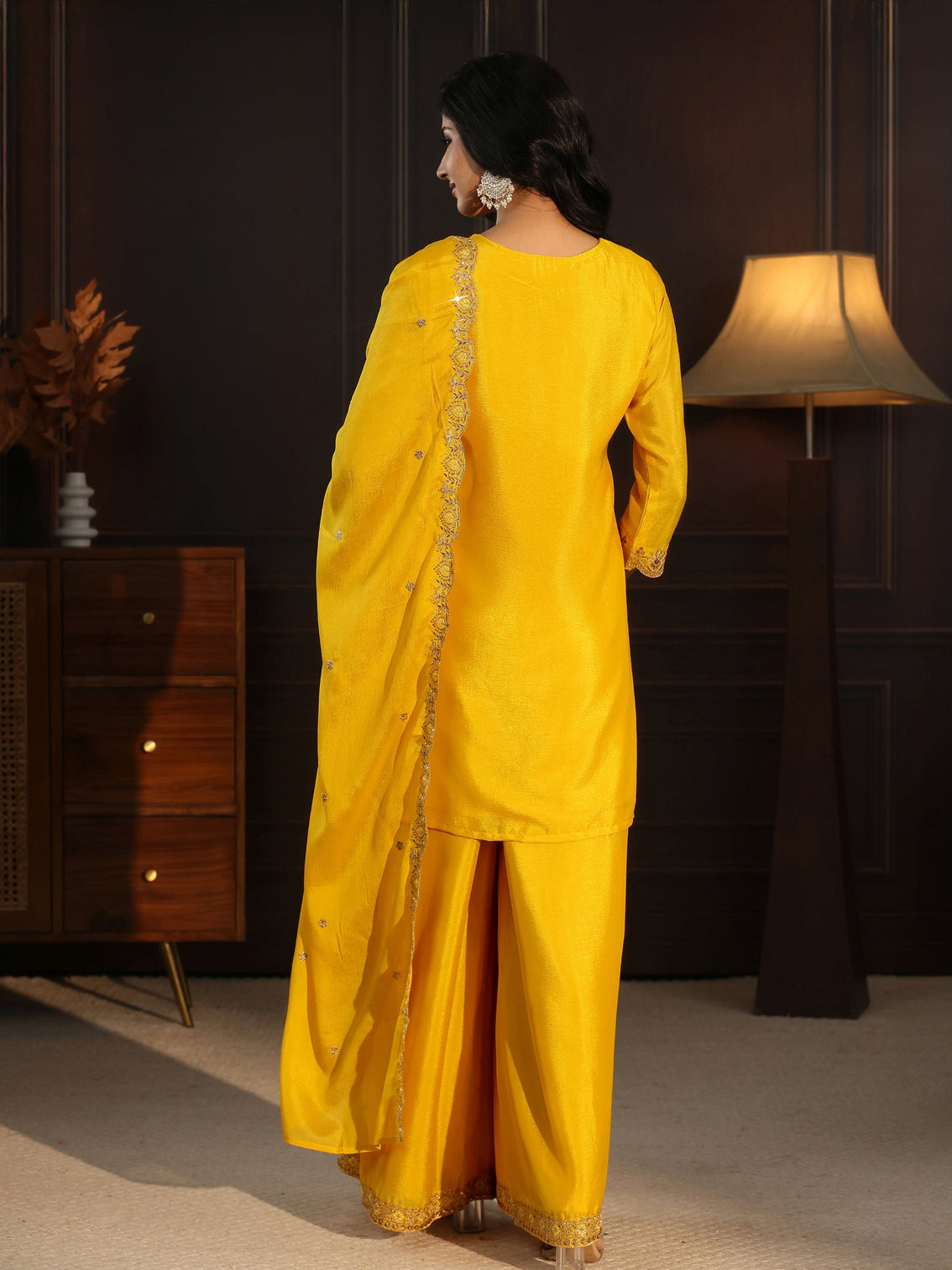 Mameraa Yellow Floral Embroidered Chinon Palazzo Suit Set