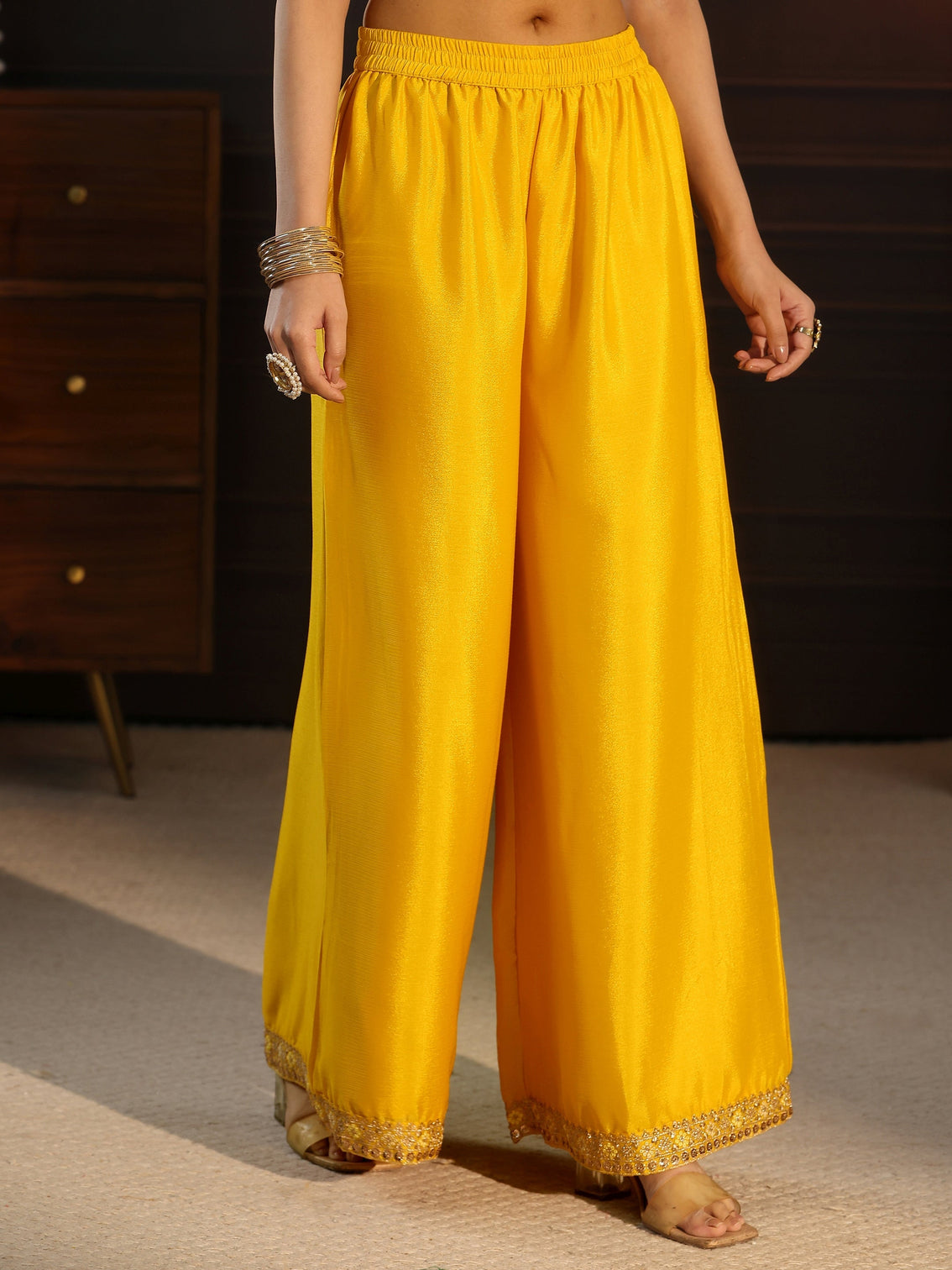 Mameraa Yellow Floral Embroidered Chinon Palazzo Suit Set
