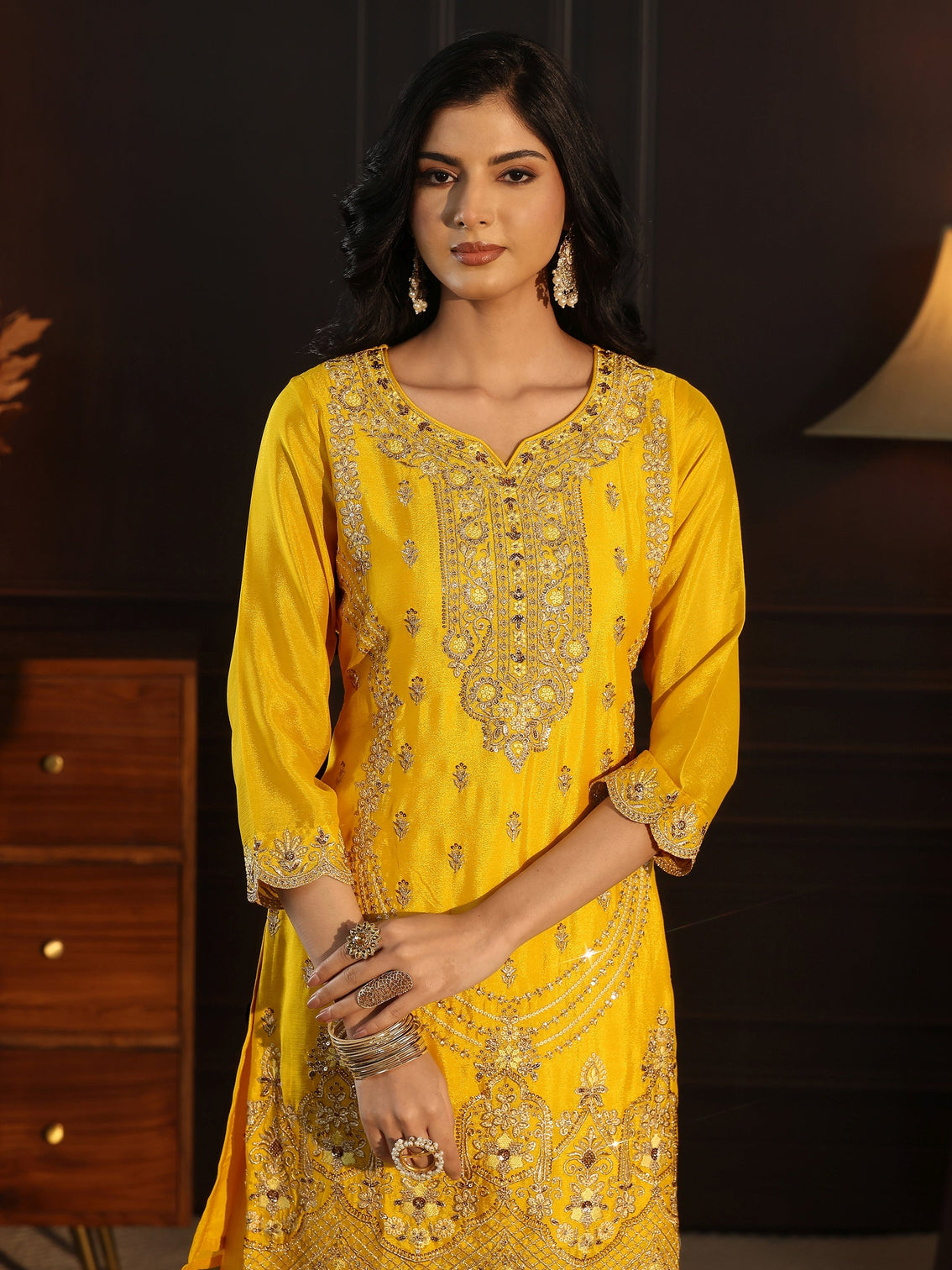 Mameraa Yellow Floral Embroidered Chinon Palazzo Suit Set
