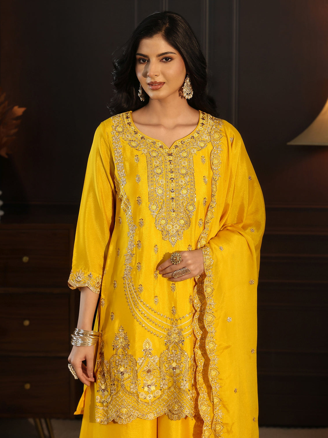 Mameraa Yellow Floral Embroidered Chinon Palazzo Suit Set