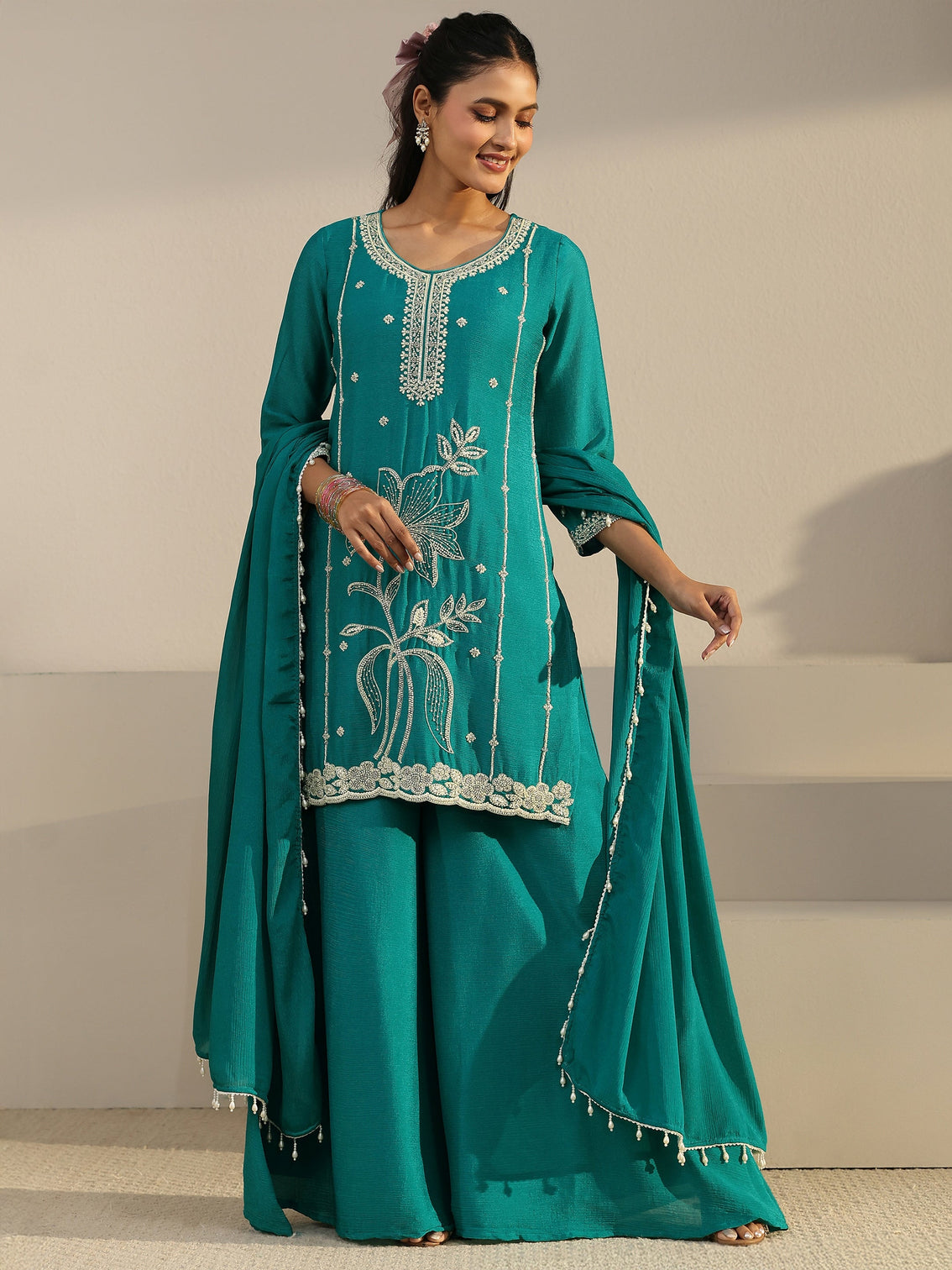 Mameraa Bright Teal Blue Floral Embellished Chinon Palazzo Suit Set