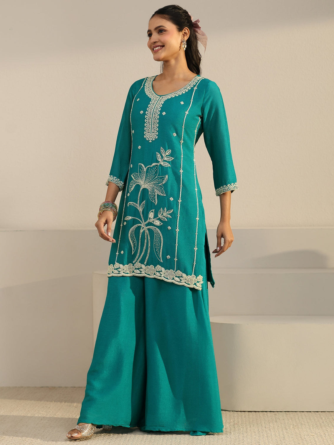 Mameraa Bright Teal Blue Floral Embellished Chinon Palazzo Suit Set
