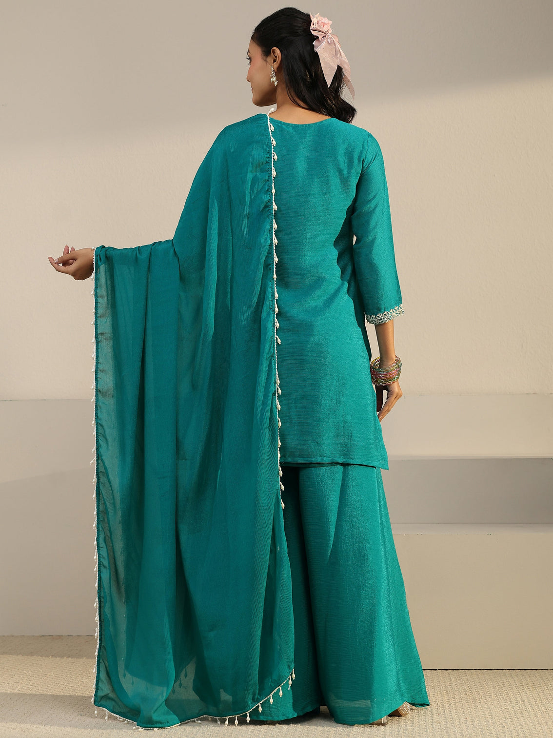 Mameraa Bright Teal Blue Floral Embellished Chinon Palazzo Suit Set