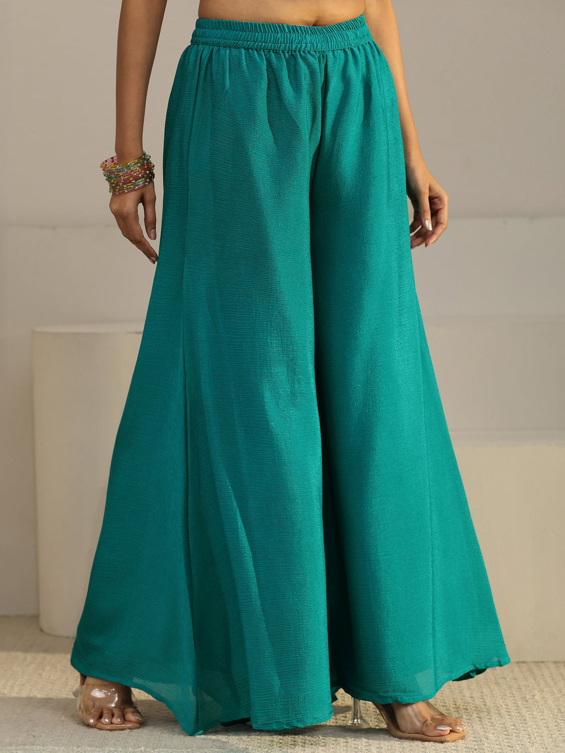Mameraa Bright Teal Blue Floral Embellished Chinon Palazzo Suit Set