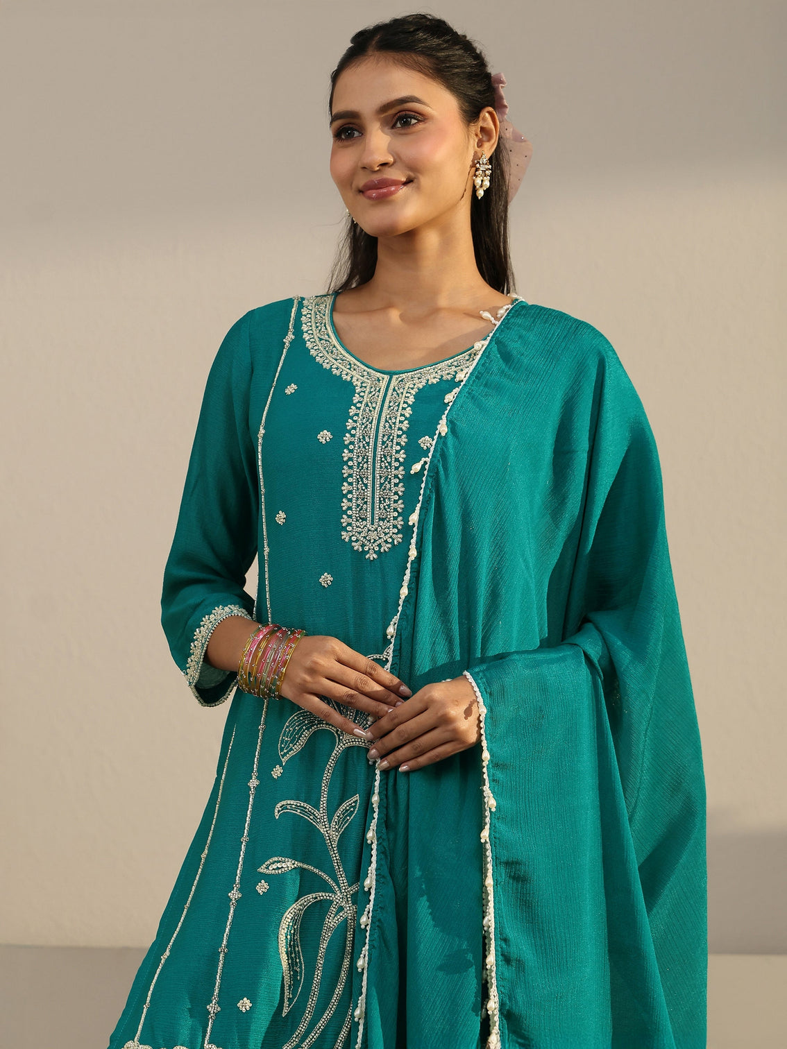 Mameraa Bright Teal Blue Floral Embellished Chinon Palazzo Suit Set