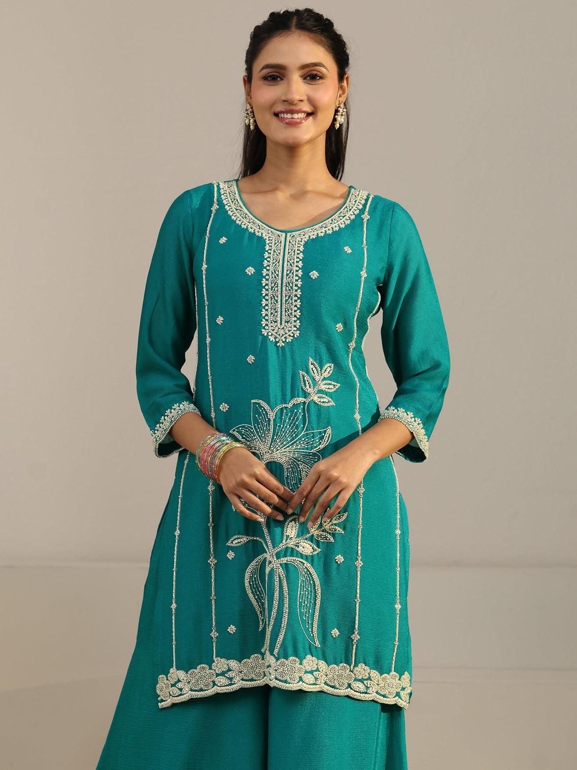 Mameraa Bright Teal Blue Floral Embellished Chinon Palazzo Suit Set