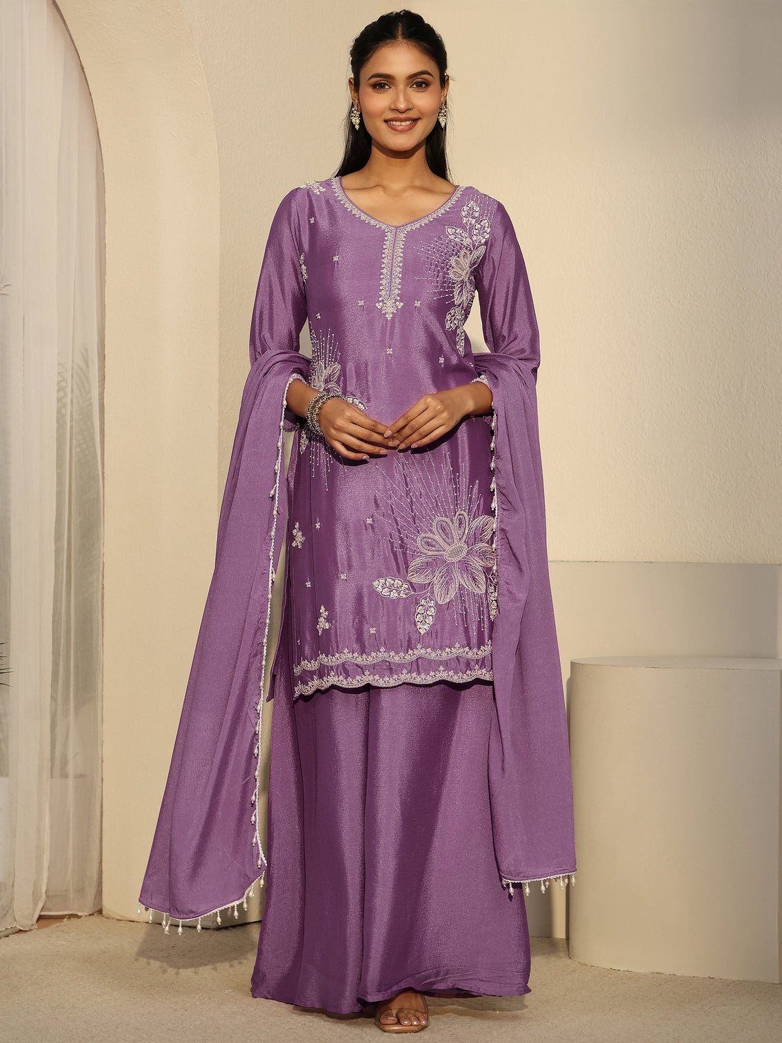 Mameraa Lavender Floral Embellished Chinon Palazzo Suit Set