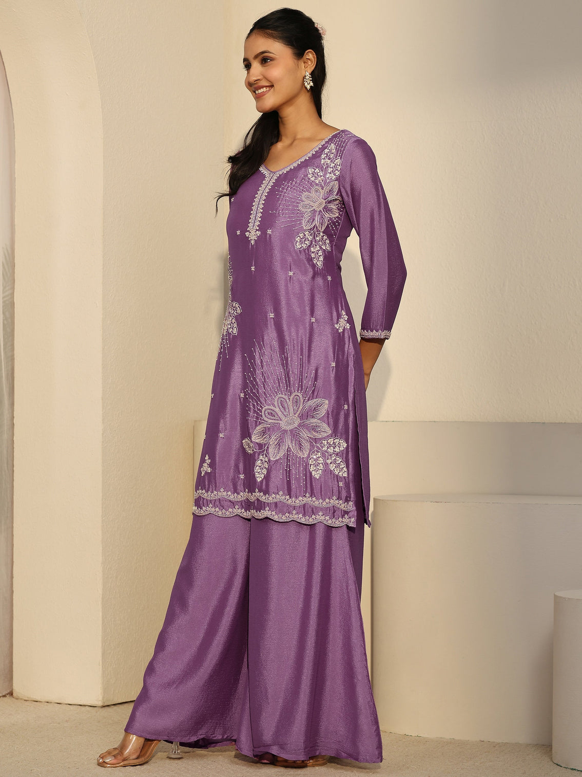 Mameraa Lavender Floral Embellished Chinon Palazzo Suit Set