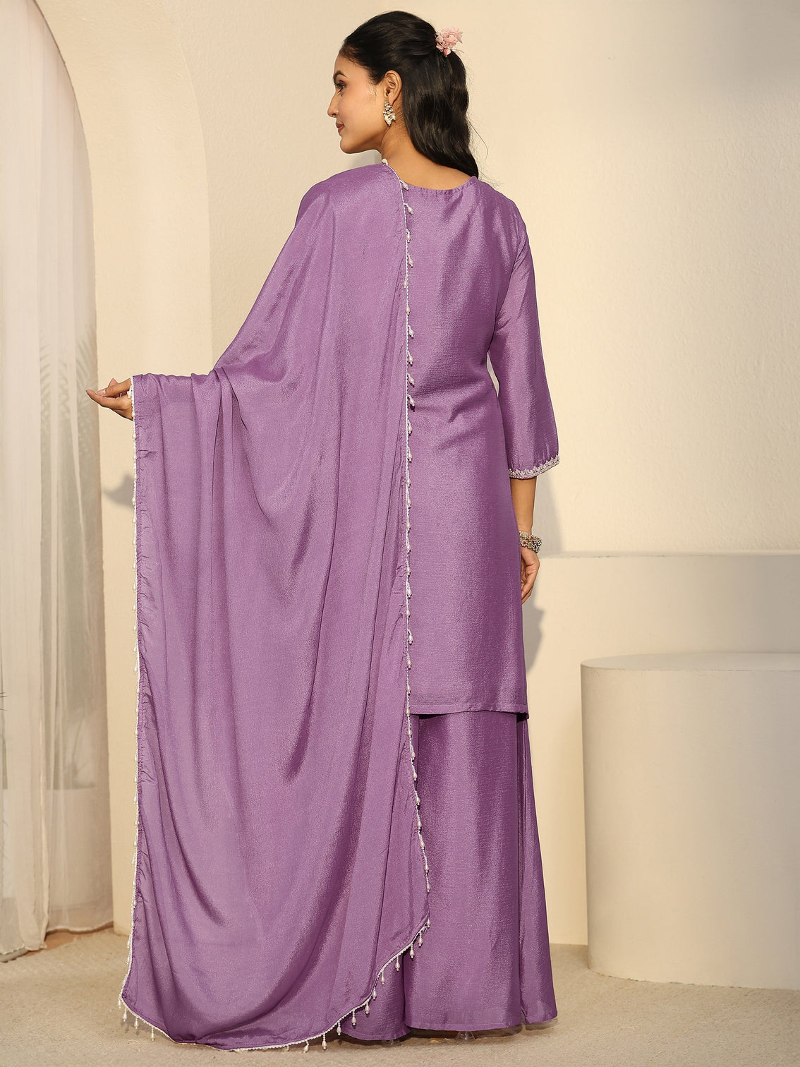 Mameraa Lavender Floral Embellished Chinon Palazzo Suit Set