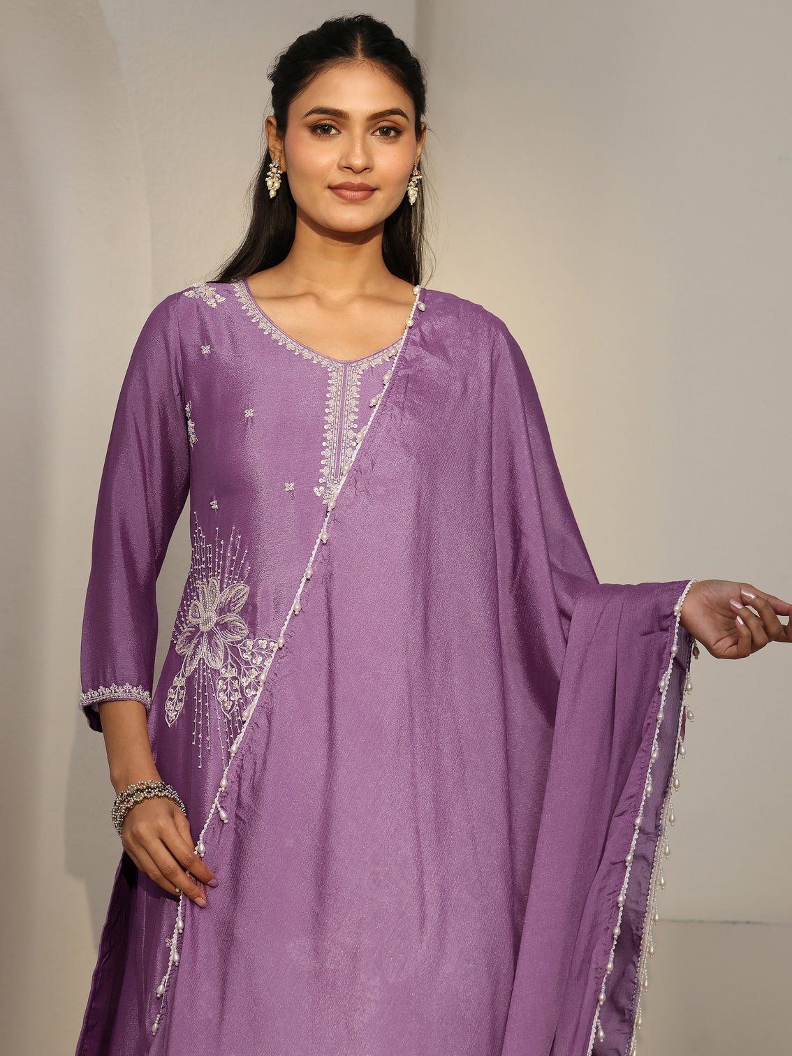 Mameraa Lavender Floral Embellished Chinon Palazzo Suit Set
