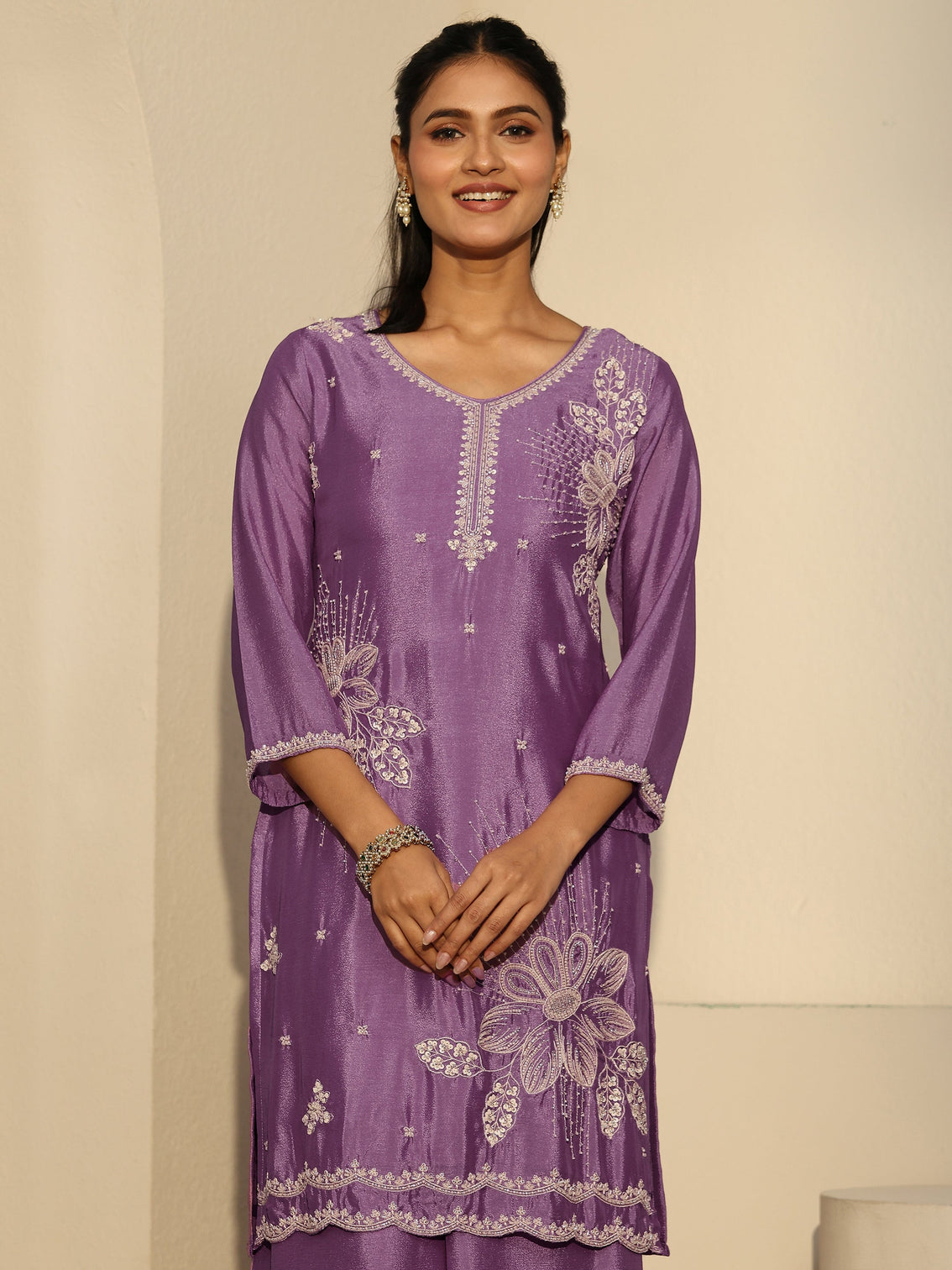 Mameraa Lavender Floral Embellished Chinon Palazzo Suit Set