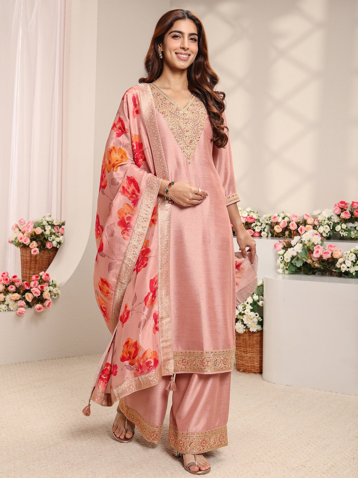 Libas Peach Embroidered Silk Blend Straight Suit Set With Printed Dupatta