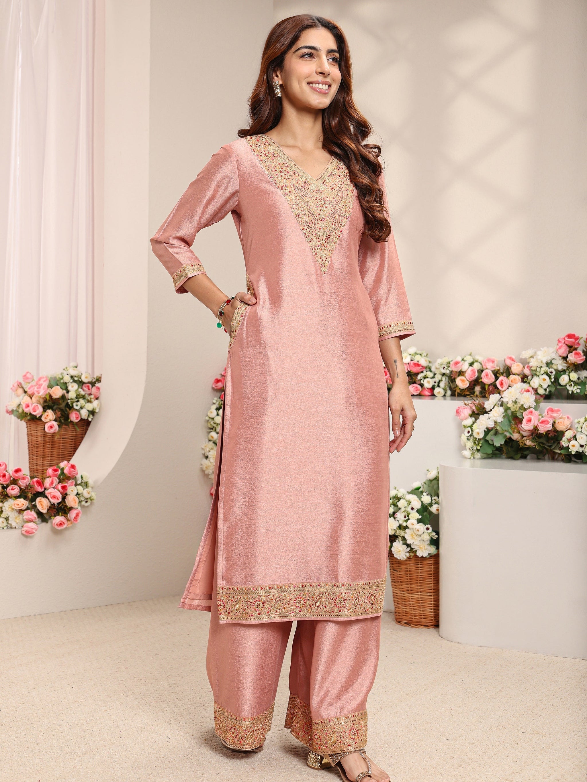 Libas Peach Embroidered Silk Blend Straight Suit Set With Printed Dupatta