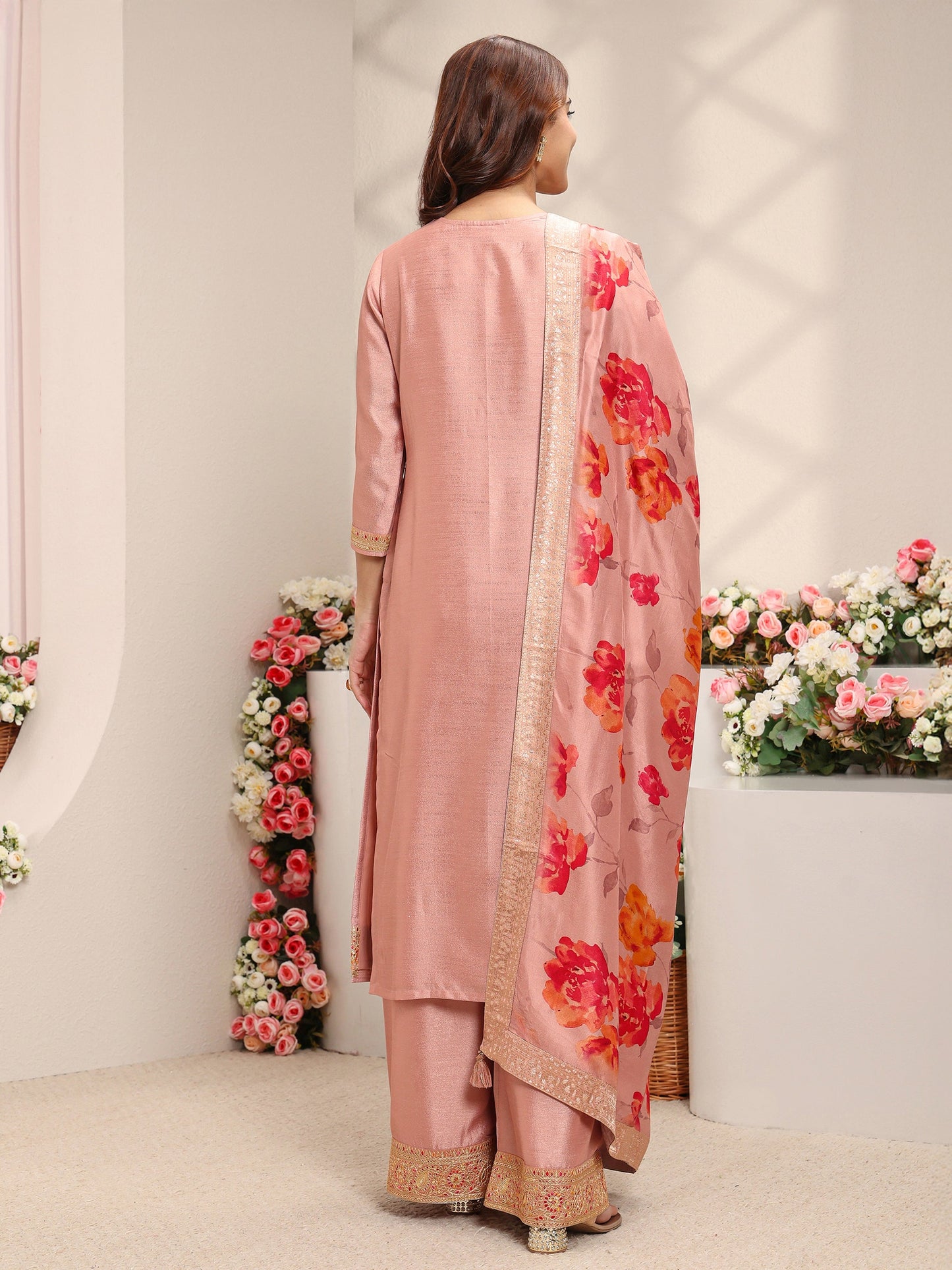 Libas Peach Embroidered Silk Blend Straight Suit Set With Printed Dupatta