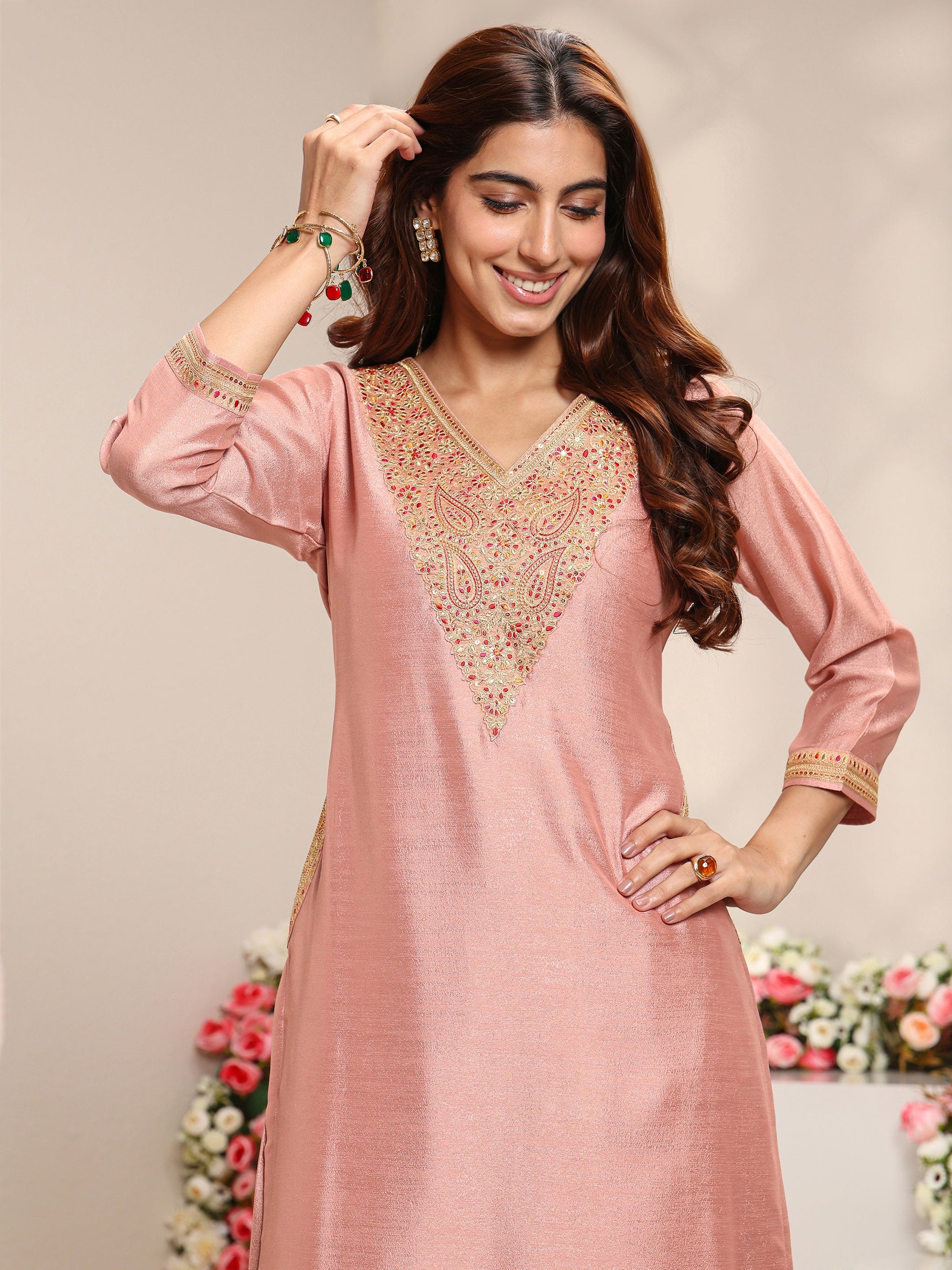 Libas Peach Embroidered Silk Blend Straight Suit Set With Printed Dupatta