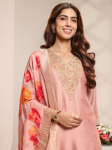 Libas Peach Embroidered Silk Blend Straight Suit Set With Printed Dupatta