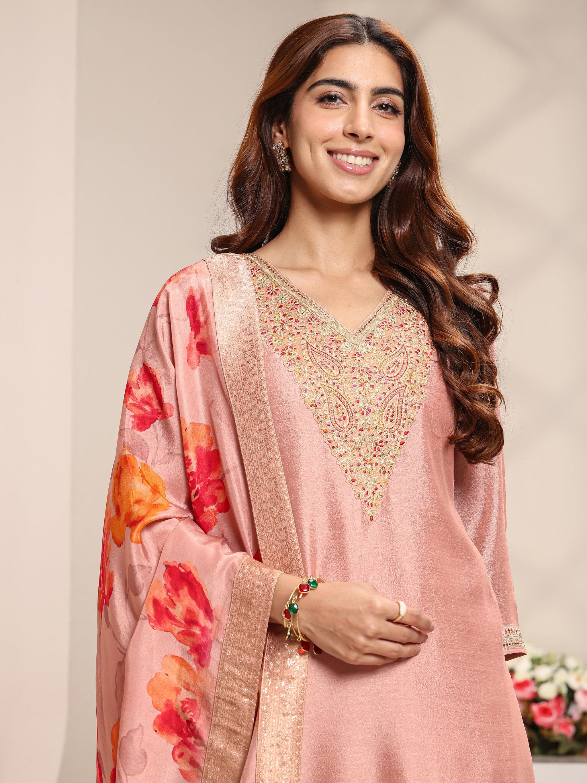Libas Peach Embroidered Silk Blend Straight Suit Set With Printed Dupatta