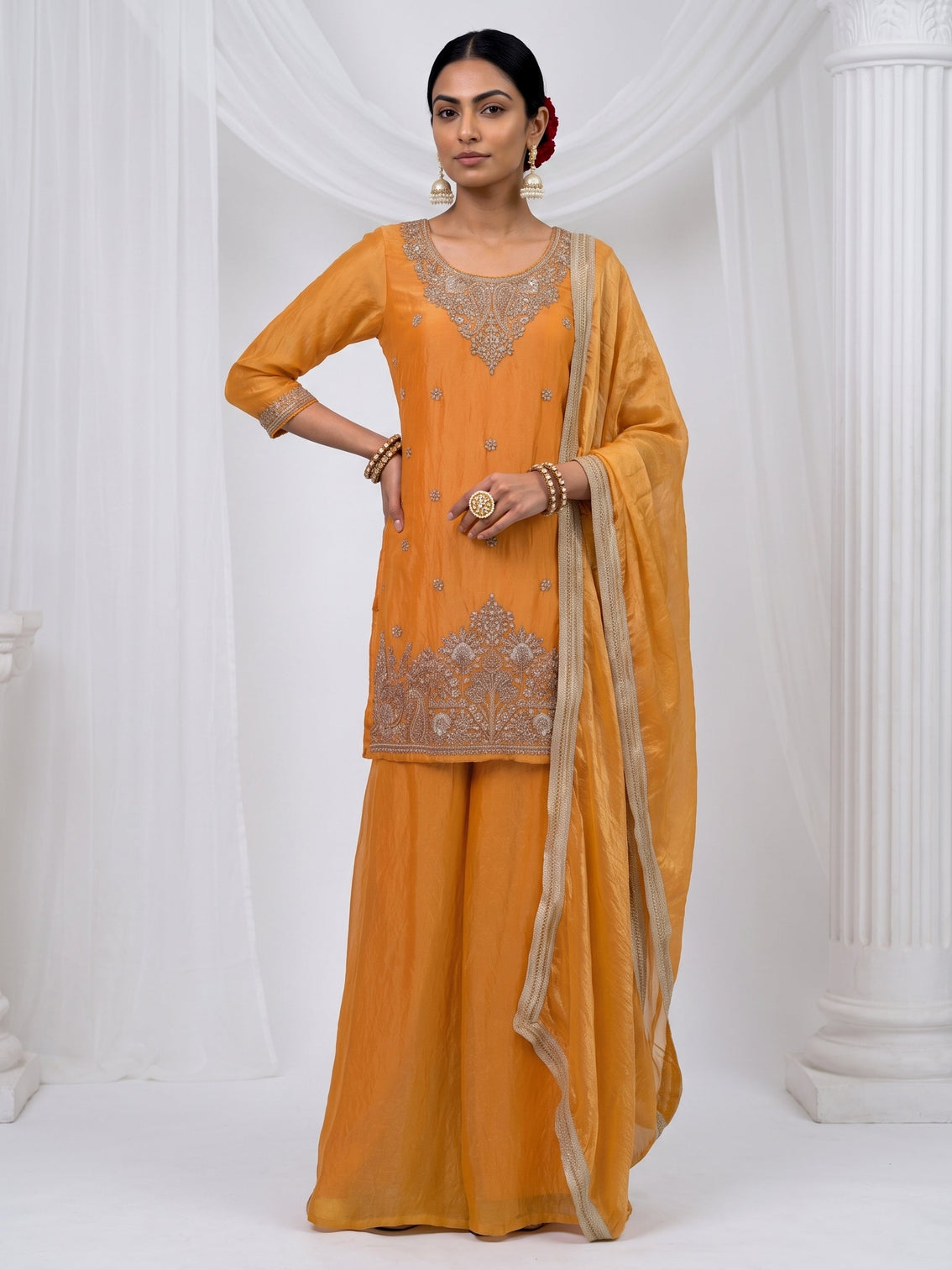 Mameraa Orange Floral Embellished Tissue Palazzo Suit Set