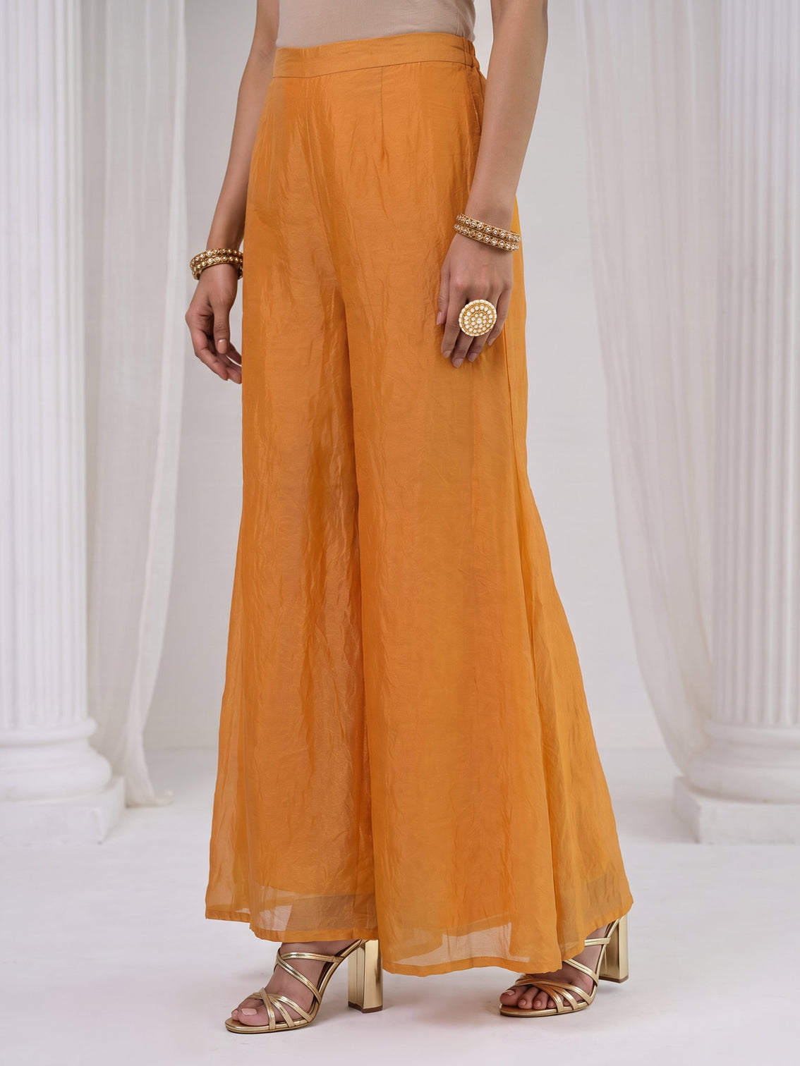 Mameraa Orange Floral Embellished Tissue Palazzo Suit Set