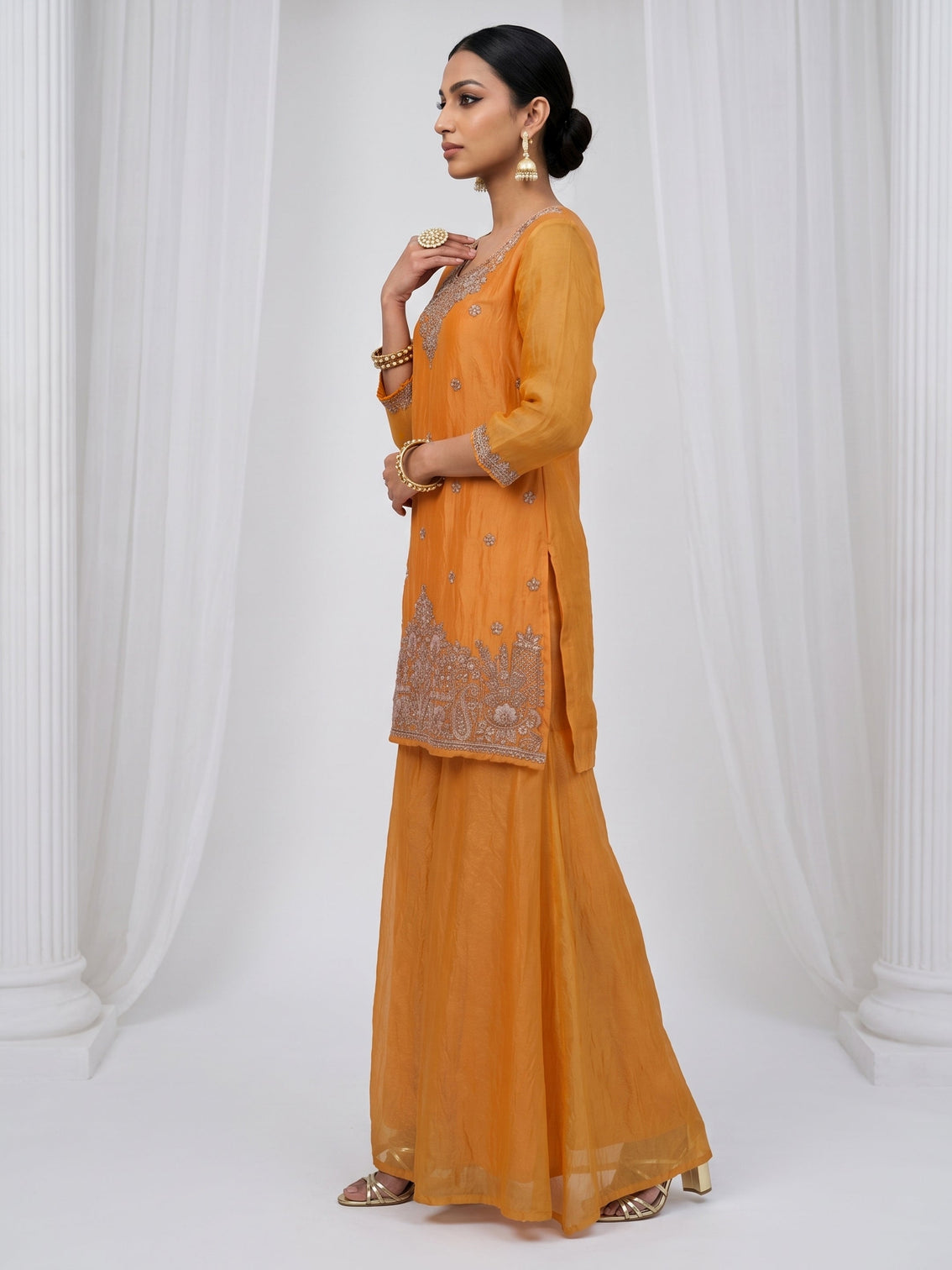 Mameraa Orange Floral Embellished Tissue Palazzo Suit Set