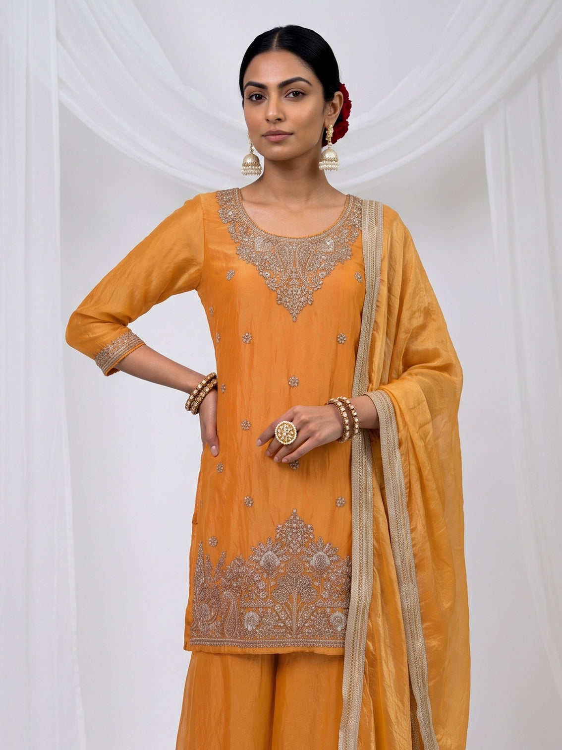Mameraa Orange Floral Embellished Tissue Palazzo Suit Set