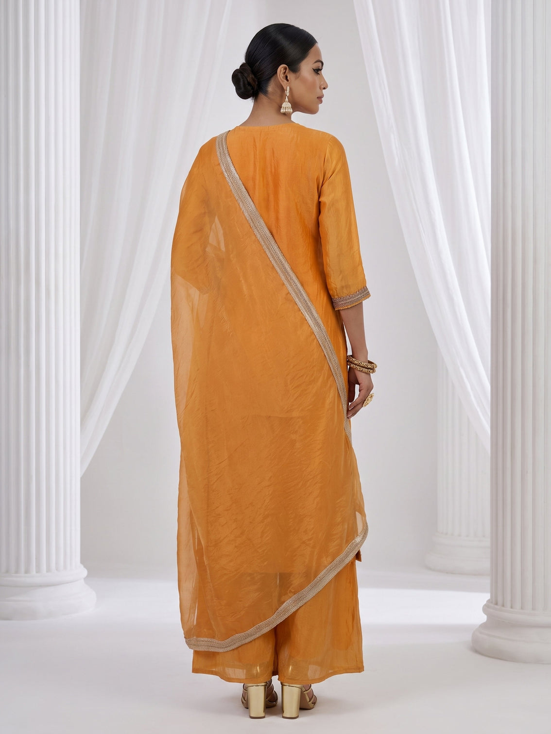 Mameraa Orange Floral Embellished Tissue Palazzo Suit Set