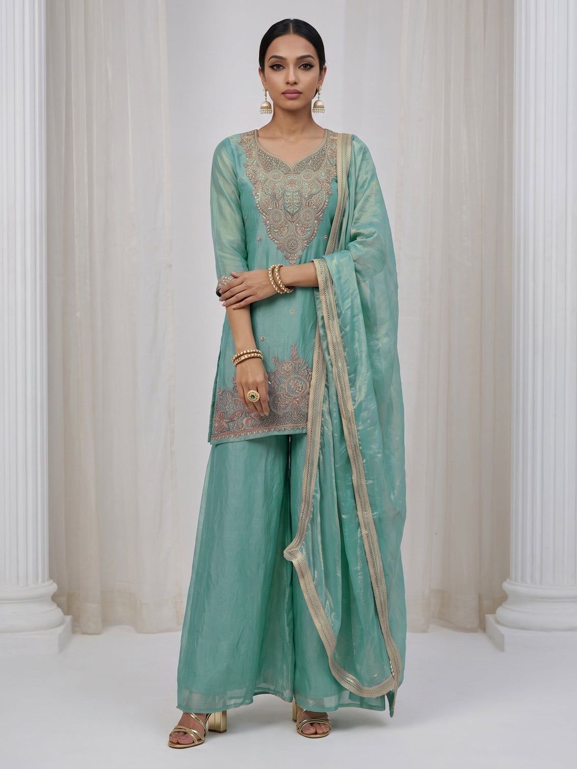 Mameraa Aqua Blue Floral Embellished Tissue Palazzo Suit Set
