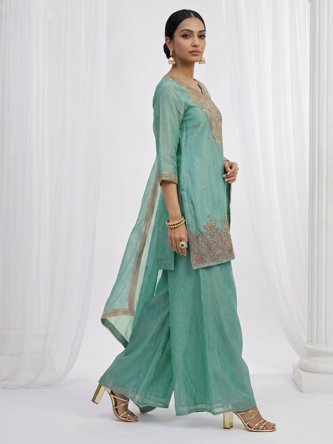Mameraa Aqua Blue Floral Embellished Tissue Palazzo Suit Set