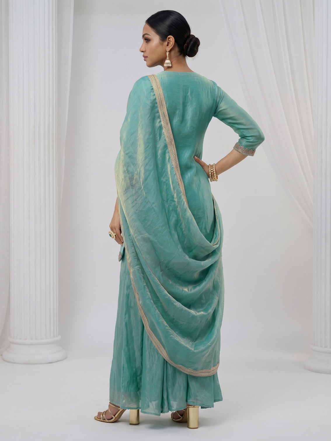 Mameraa Aqua Blue Floral Embellished Tissue Palazzo Suit Set